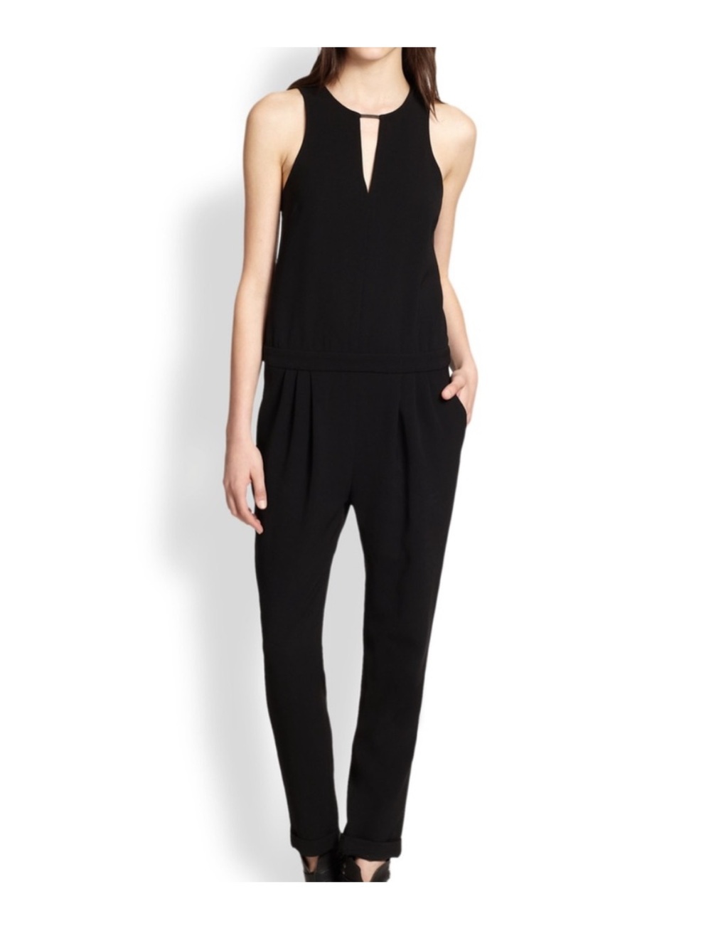 Rag & Bone | Lana Sleeveless Drop Waist Jumpsuit Leather Trim Black Size 4
